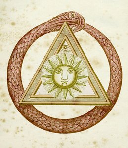 Ouroboros, delta en het goddelijke oog met de zon, uit The Kneph, 1881-1900 door English School